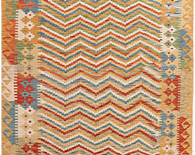 Handmade Afghan Kilim Rug: Geometric Wool Flatwoven Area Rug (6'7"x3'5")