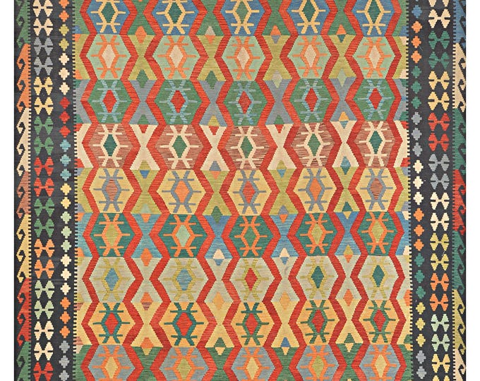 New Handmade Afghan Kilim Rug 10'x16' Flatweave Handwoven Traditional Geometric Oriental Large Maimana Wool Area Rug Natural dyes Multicolor