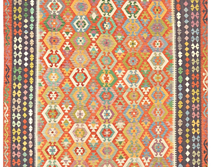 New Large Afghan Kilim Rug 10x16ft Handmade Traditional Oriental Handwoven Flatwoven Geometric Maimana Wool Area Rug Natural dyes Multicolor
