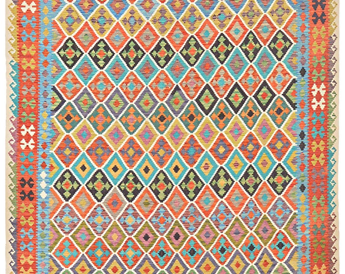 New Handmade Afghan Kilim Rug 10x16 Flatwoven Handwoven Geometric Traditional Multicolor Maimana Oriental Large Wool Area Rug Natural dyes