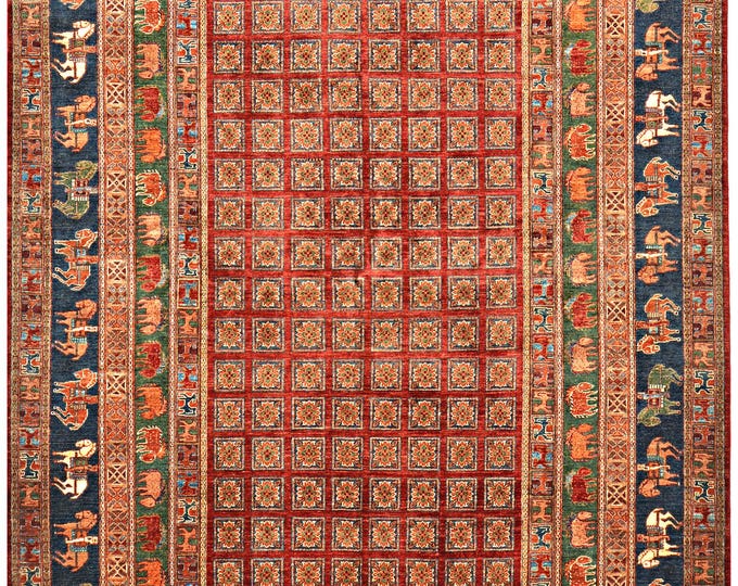 Handmade Afghan Pazyryk Rug 8x12ft Traditional Hand-knotted Oriental Carpet Natural wool area rug Authentic Royal Heritage Pazyrk Multicolor