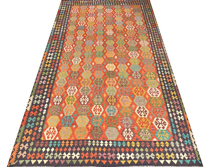 New Handmade Afghan Kilim Rug 10'x16' Flatweave Handwoven Traditional Geometric Oriental Large Maimana Wool Area Rug Natural dyes Multicolor