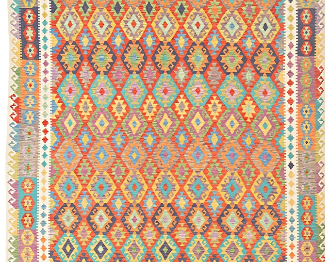 New Handmade Afghan Kilim Rug 10'x16' Flatweave Handwoven Traditional Geometric Oriental Large Maimana Wool Area Rug Natural dyes Multicolor