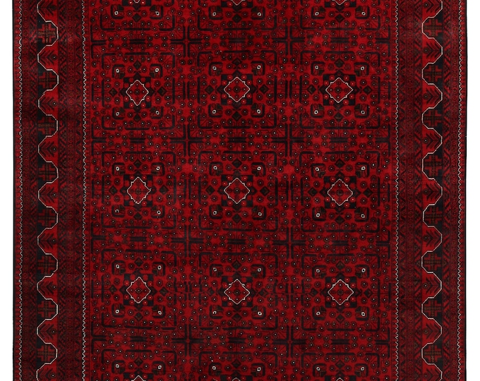Hand Knotted Afghan Rug: 7x10 Red Wool Khamyab Rug