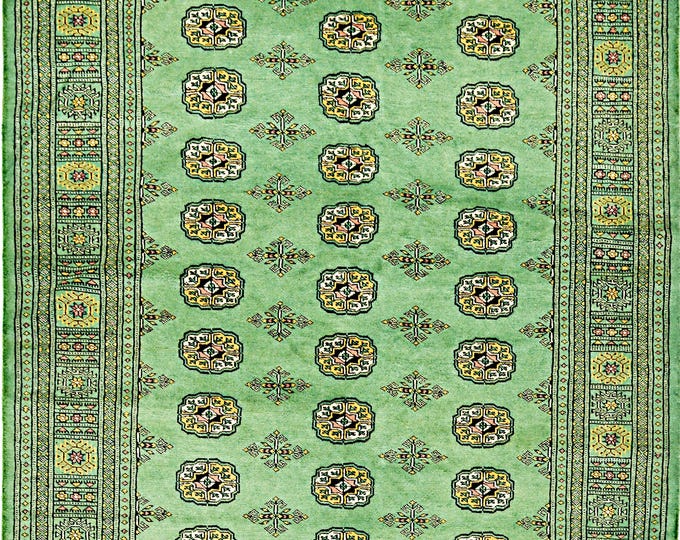 Hand Knotted Wool Rug: 5.5x8.5 Green Bokhara, Pakistani Oriental Design