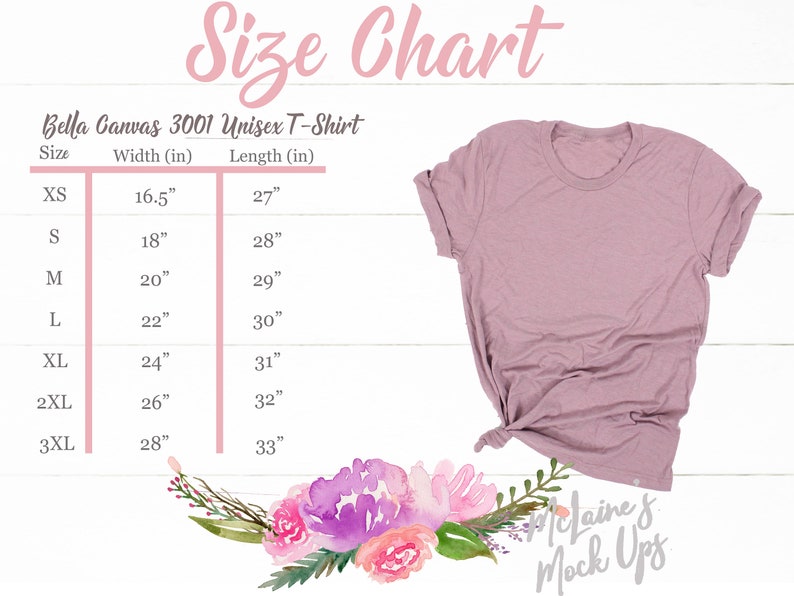 Bella Canvas 3001 Size Chart T-shirt Adult Size Guide - Etsy