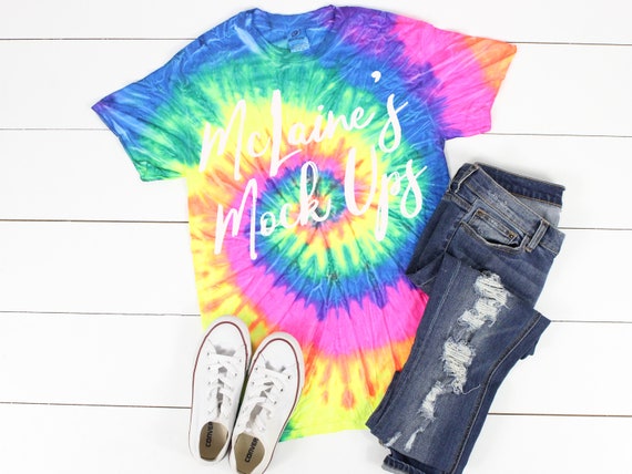 Download Tie Dye Neon Rainbow Cd100 Mock Up Flat Lay Shirt Mock Up Etsy