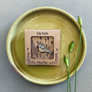 Może przedstawiać: Mała drewniana spinka z ptakiem w brązowych, białych i zielonych odcieniach, otoczona rysunkiem linii liści i kwiatów. Spinka jest zapakowana w brązowe pudełko kartonowe z tekstem "Lily Faith" i "Mini Pin".