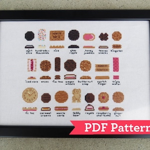 Op de afbeelding: Een kruissteekpatroon met verschillende populaire koekjes en gebak, waaronder: 'Mint Slice', 'Hundreds & Thousands', 'Nice', 'Chocolate Ripple', 'Honey Jumbles', 'Toffee Snacks', 'Kingston', 'Iced Vovo', 'Anzac', 'Tim Tam', 'Wagon Wheels', 'Butternut Snap', 'Scotch Finger', 'Triple Wafer', 'Tic Tac', 'Caramel Crowns', 'Wanta Cerle', 'Teddy Bear', 'Royals', 'Raspberry Shortcake' en 'Ginger Nut'.