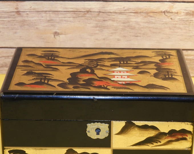 Vintage Tilso Fuji Oriental Music Jewelry Box Black Gold Red Etsy