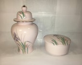 Vintage Pink Floral Vanity Set Satsuma Ginger Jar Vase Covered Trinket Bowl Pink Floral Gold Tip Jar 6 quot Tall Bowl 3.5 quot Across made n Japan