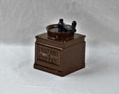 Vintage Coffee Canister, Brown Kitchen Decor, 3 Cup Capacity, Square Ceramic Jar, Black Faux Grinder, Sealed Lid, Counter Top Decoration