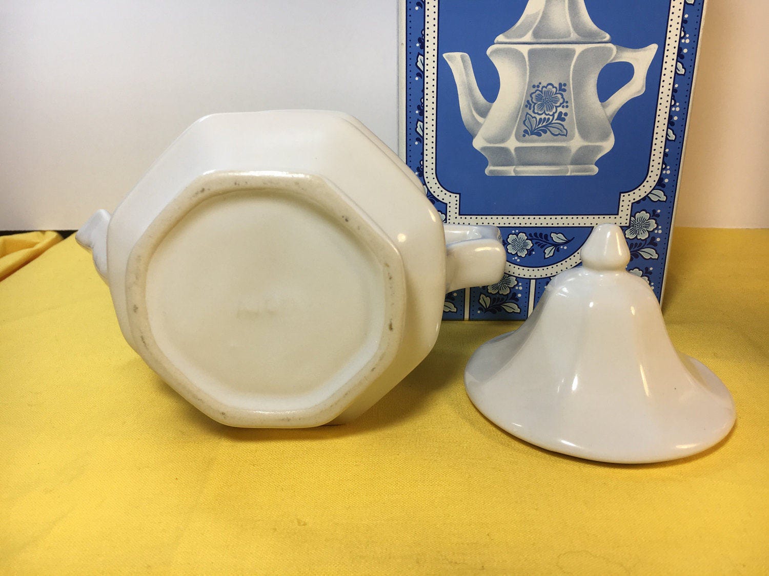 Vintage Avon China Teapot Perfumed Candle Holder, White & Blue Teapot