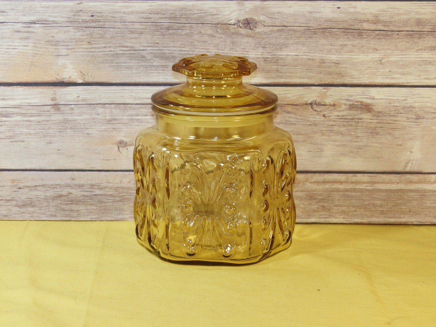 Vintage Gold Atterbury Jar, Clear Gold Glass Canister, Hexagon