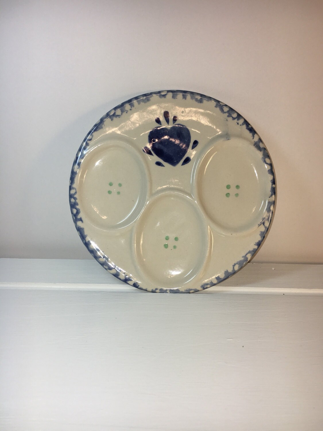 Vintage Blue Heart Spongeware Plate, Blue & White Deviled Egg Platter