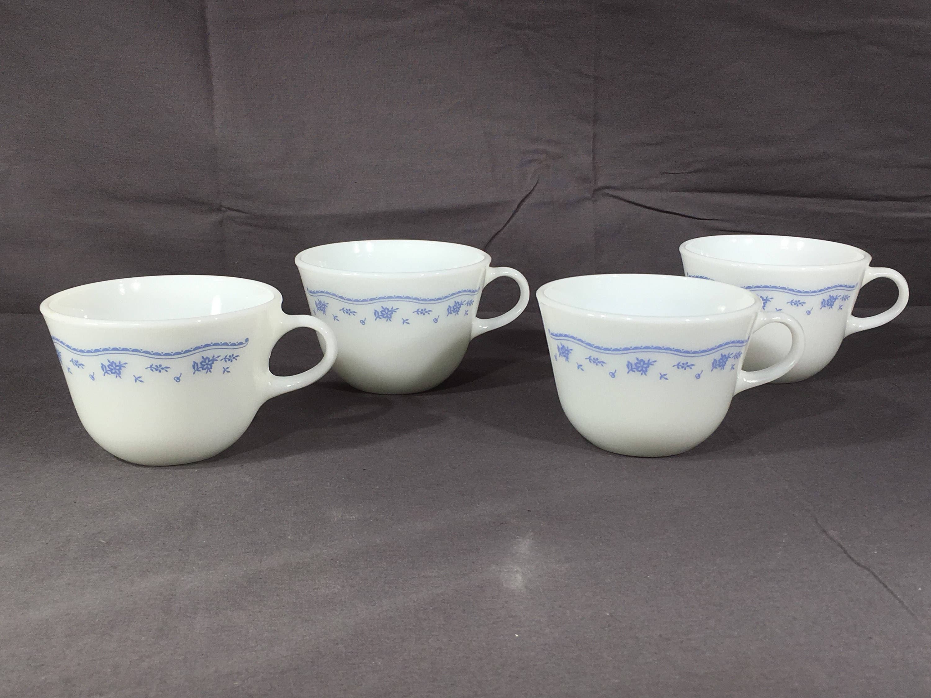 Vintage Pyrex Cups (4), Blue Flowers White Milk Glass Teacups