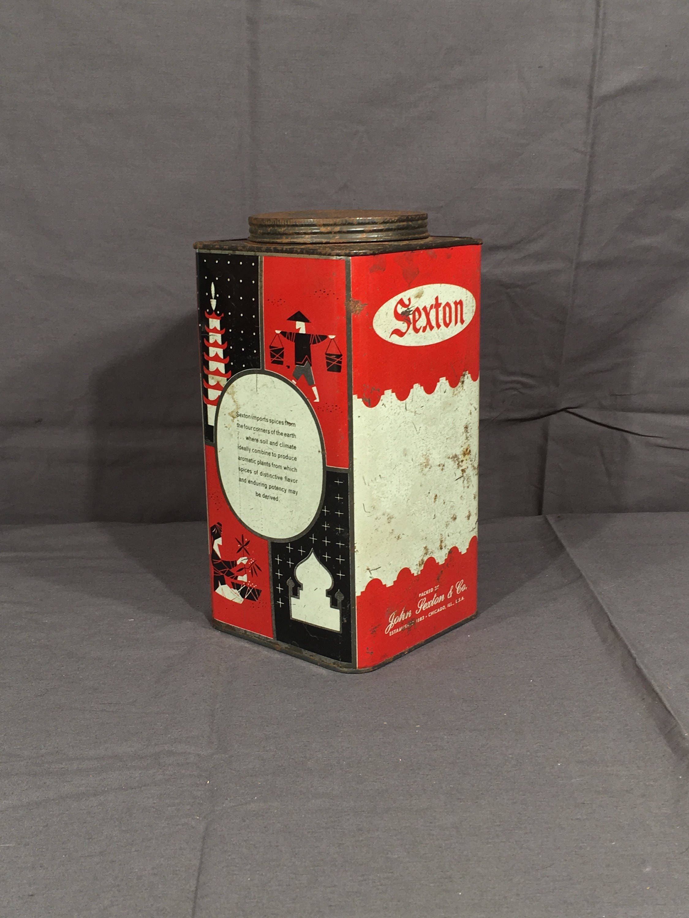 Vintage Sexton Advertising Can Sexton Spice Tin Decorative Rustic Red White Metal Art