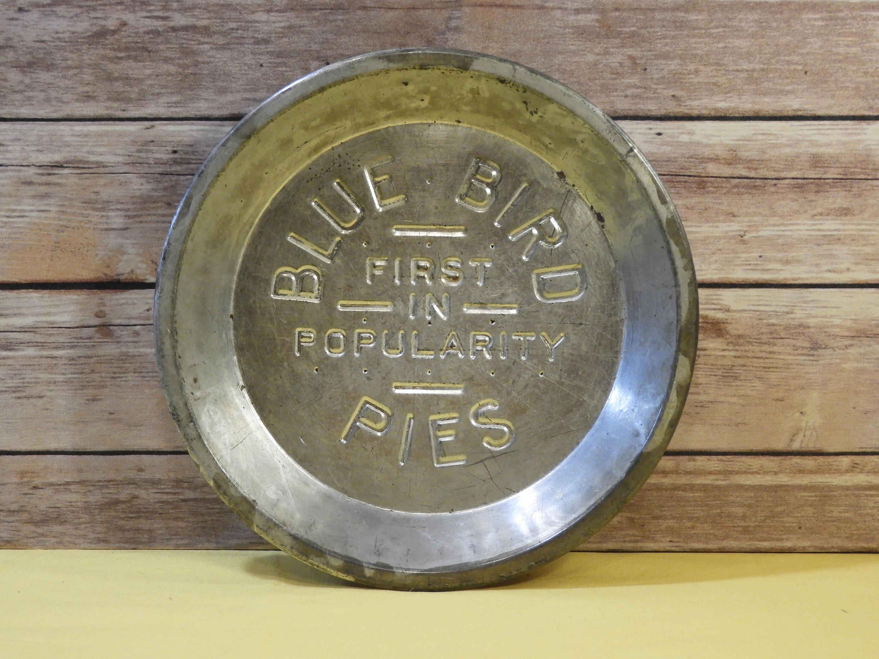 Vintage Blue Bird Pie Tin, Silver Aluminum Pie Plate, Mid Century Decor, Decorative Kitchen Dish