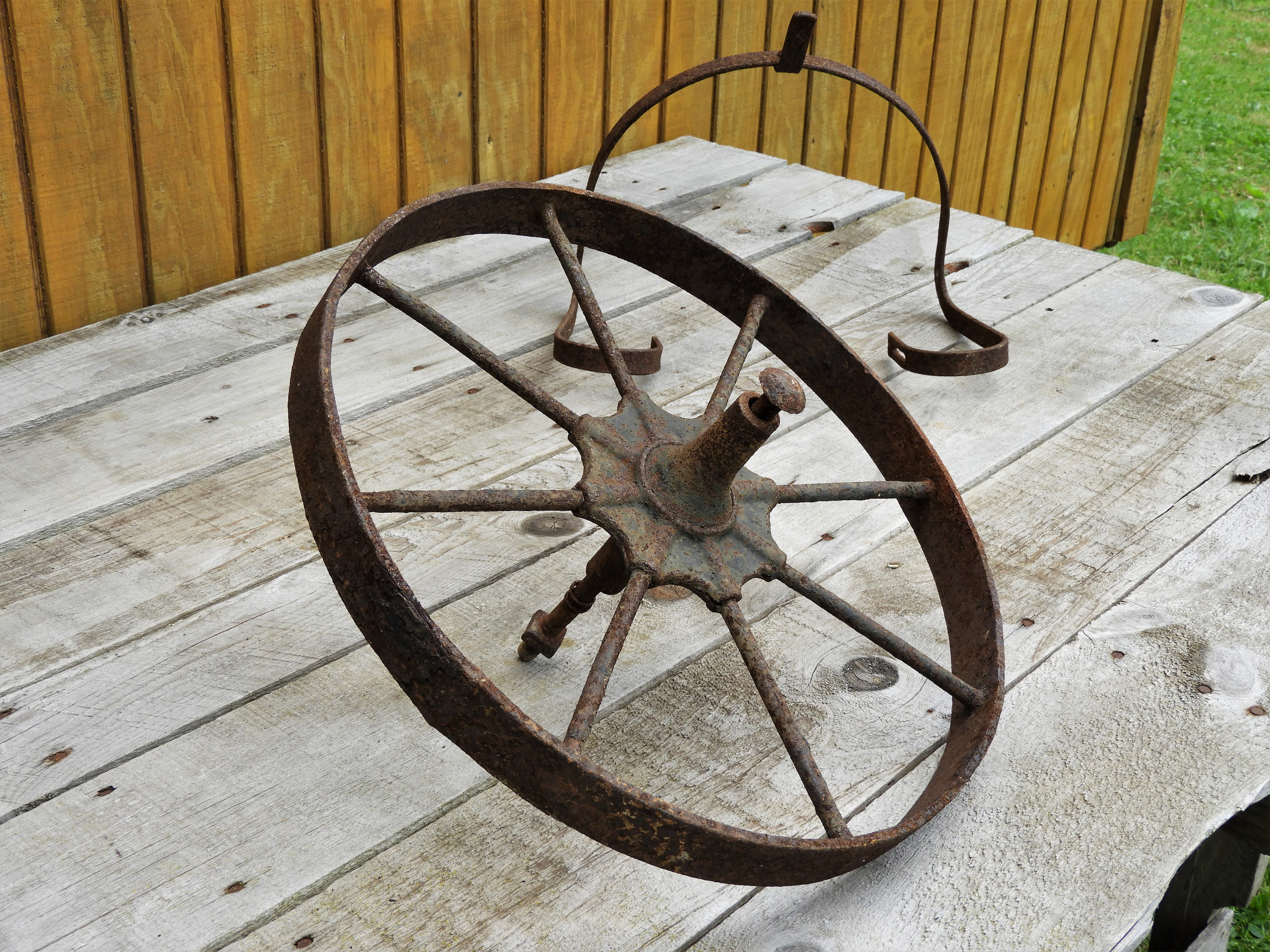 Antique Iron Wheel, Wheelbarrow Hardware, Rusty Red & Brown Garden