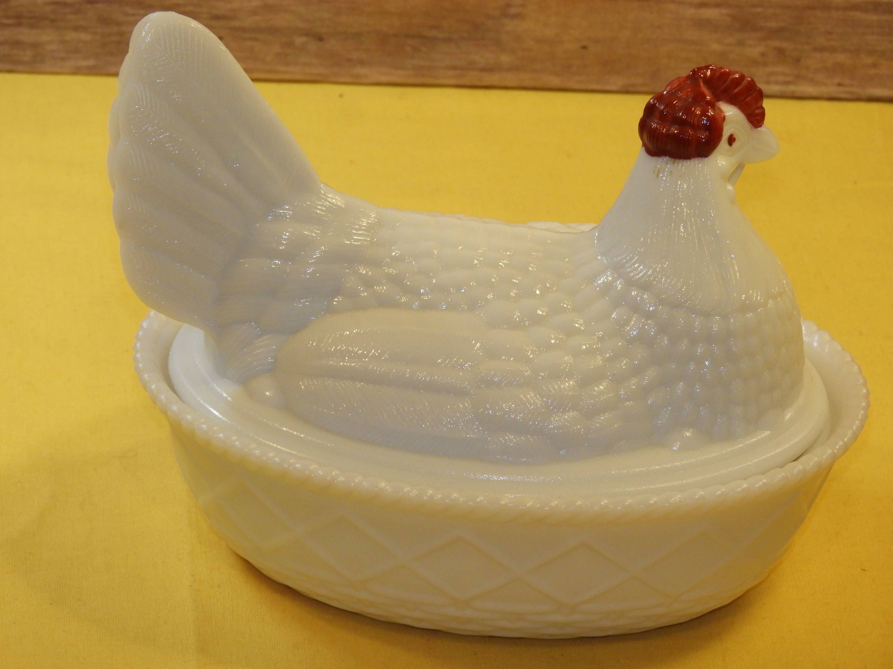 Vintage Fenton Hen on Nest, White Head Red Crop Chicken on Basket Nest