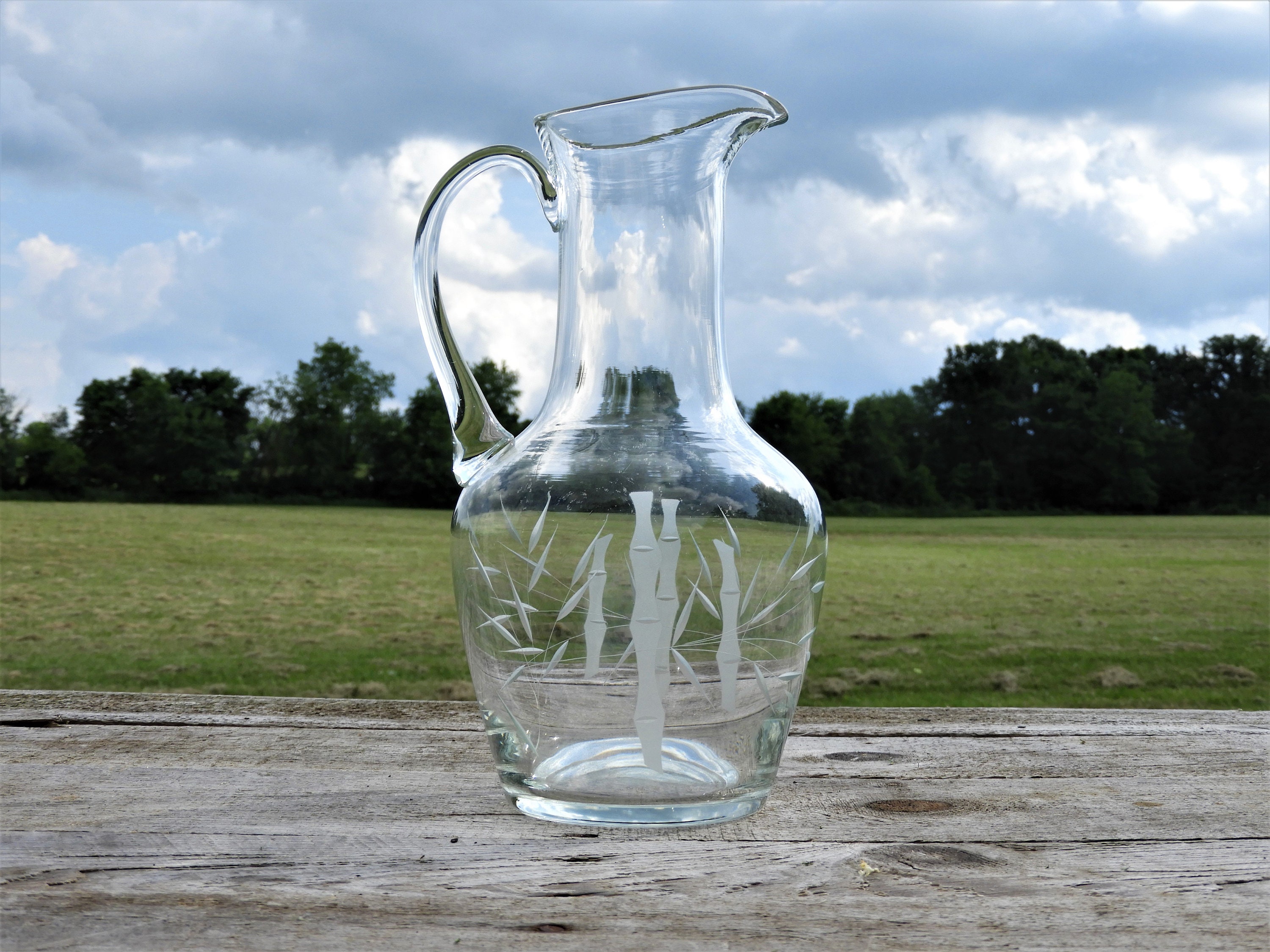 Vintage Juice Pitcher, Etched Cut Glass Carafe, 2 qt Bamboo Theme