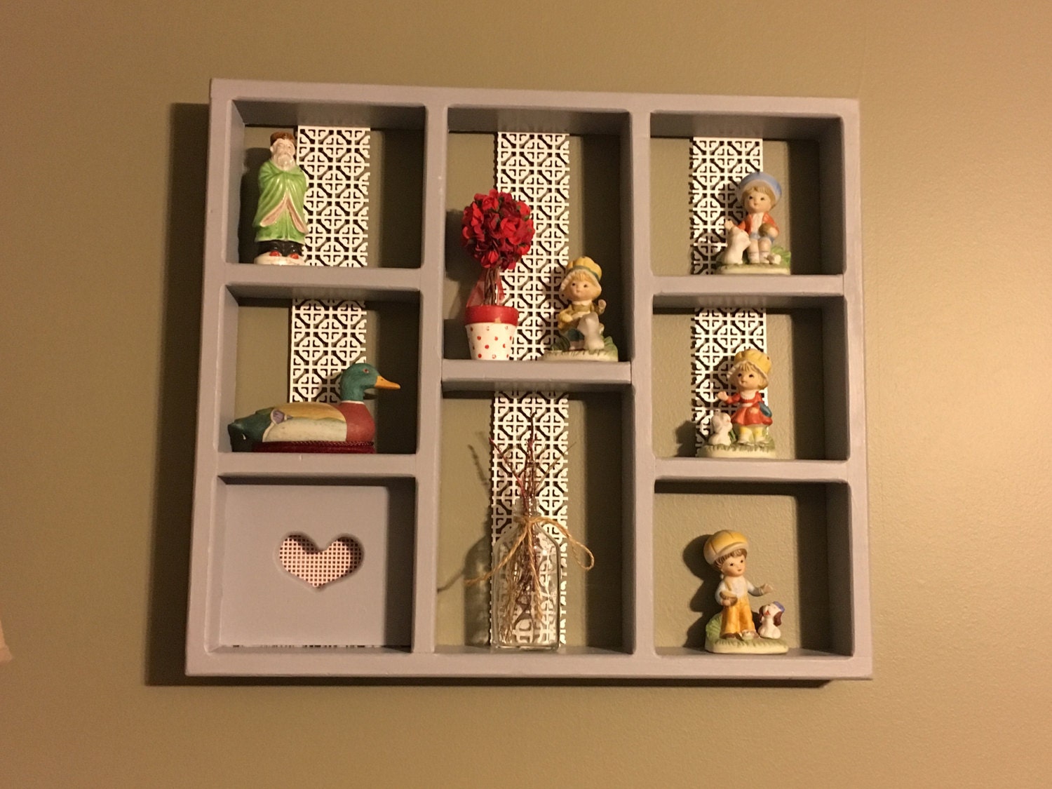 Shadow Box Shelf, Vintage Collectibles Display, Valentines Shadowbox Shelf, Gray White Lace Love