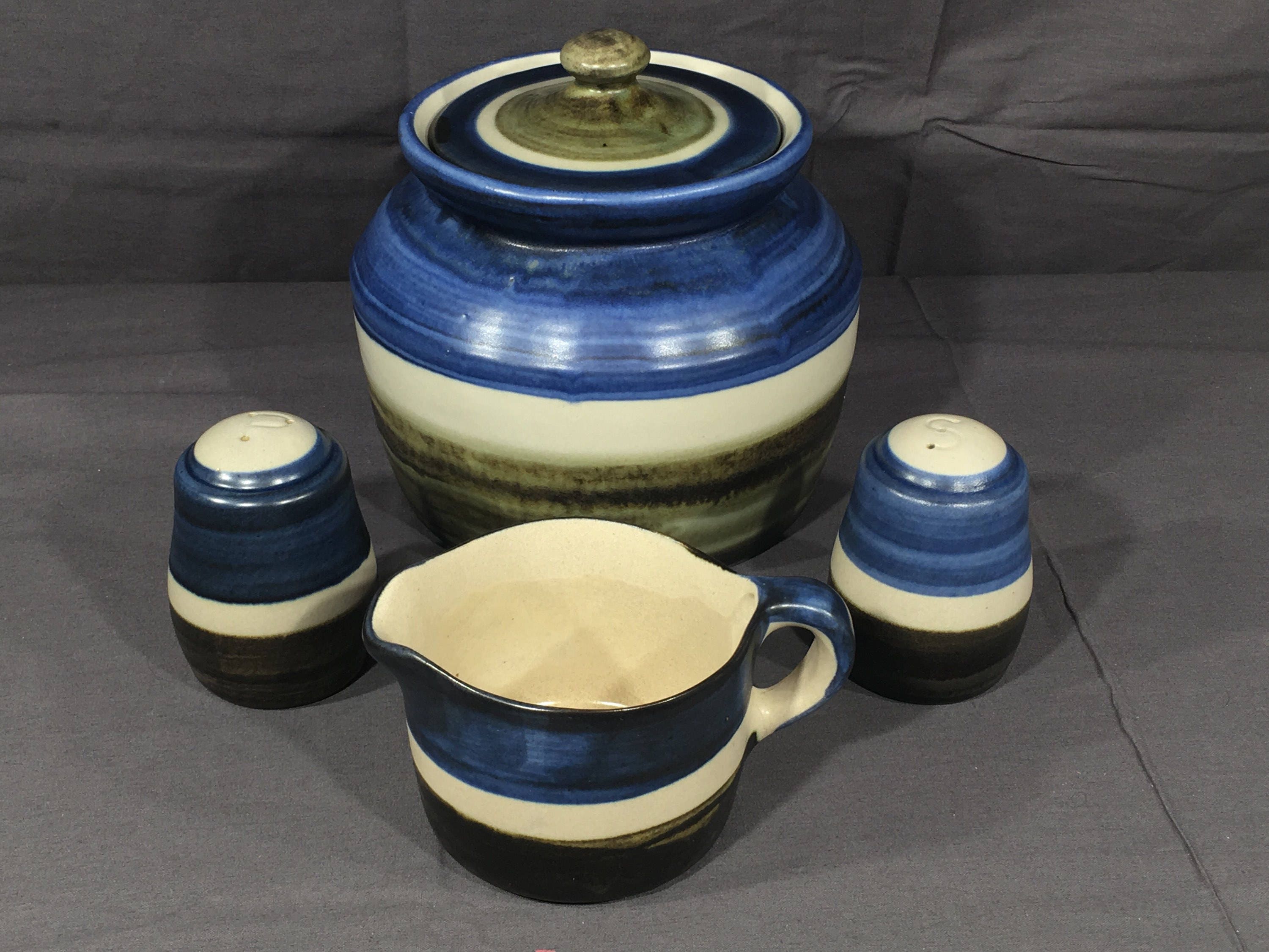 Vintage Pottery Set (5 pcs), Chatham NJ Pottery, Decorative Blue