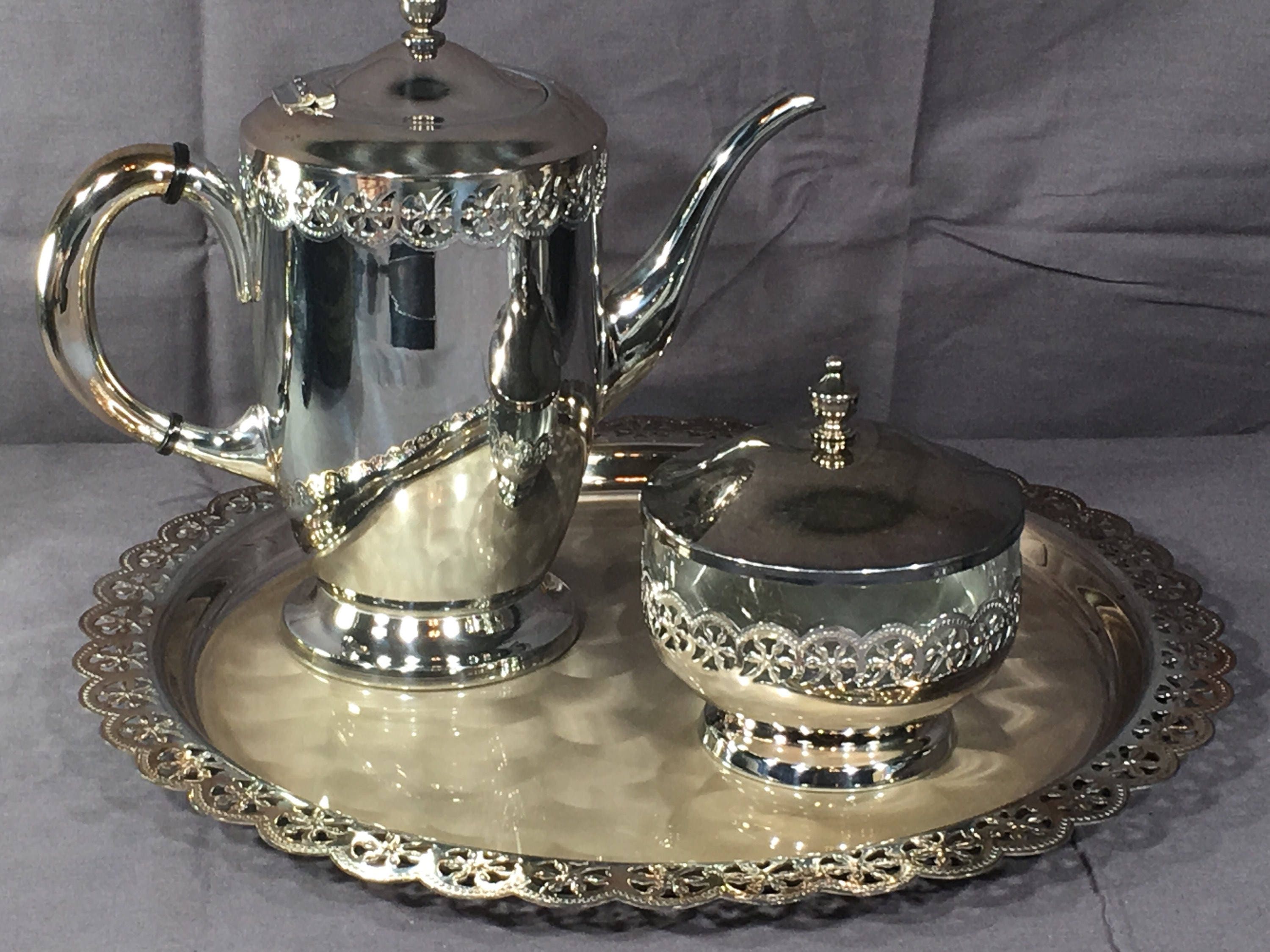 Vintage Silver Tea Set, Decorative Silver Plated Tray Teapot Sugar Bowl