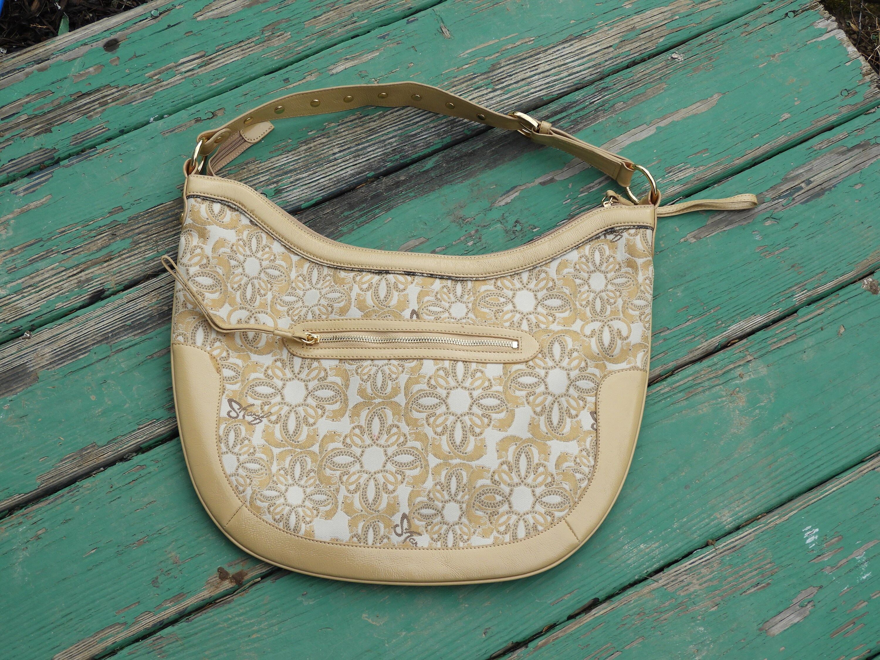 Vintage Sharif Handbag, Golden Banjo Style Shoulder Bag, Beige & Pink