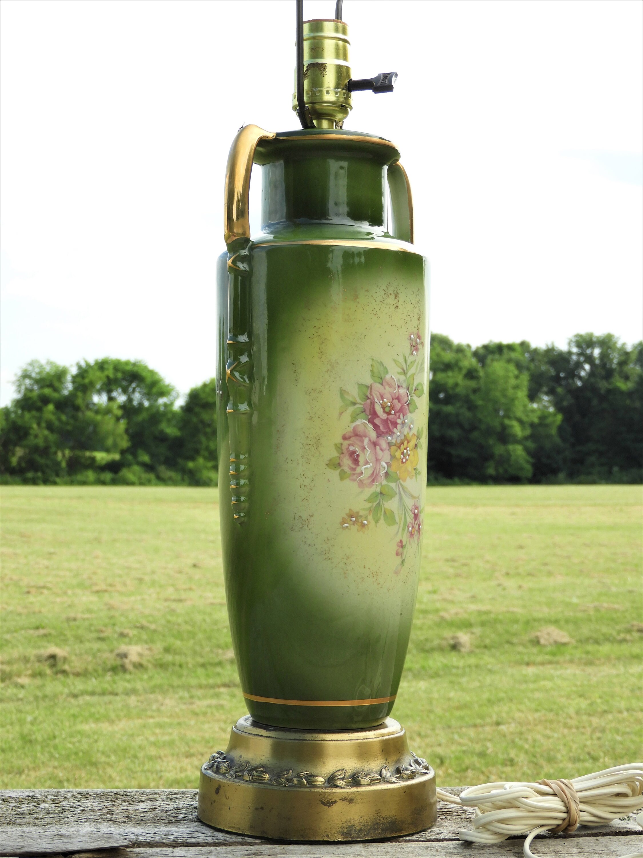 Vintage Nippon Urn Lamp, Pink Rose Porcelain Light, Decorative Green