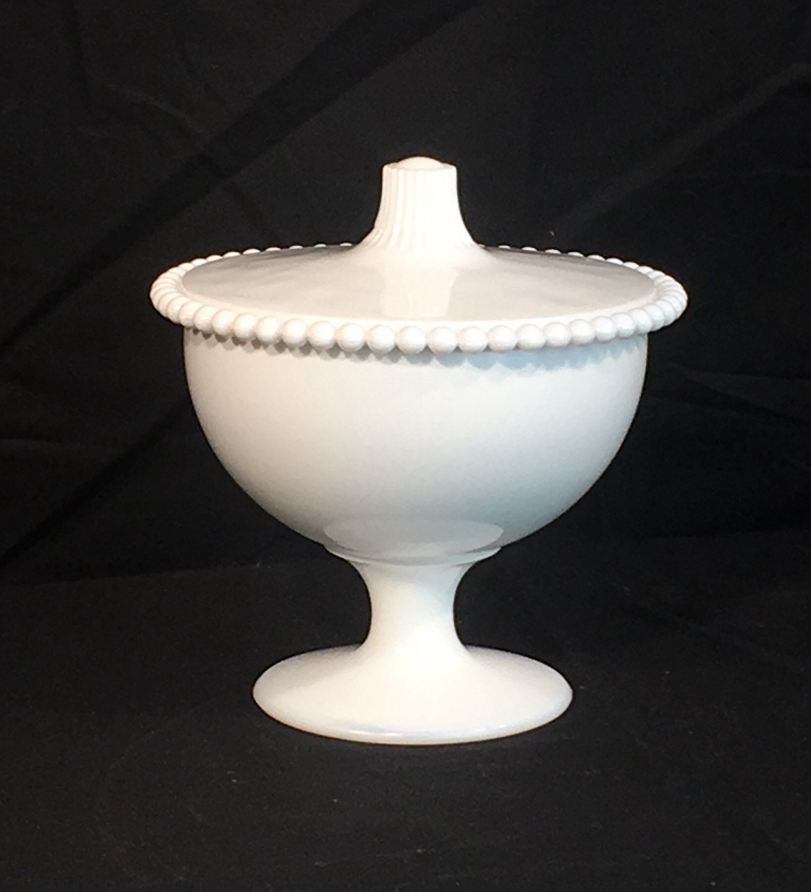 Vintage White Compote, Beaded Milk Glass Candy Dish, Decorative Covered