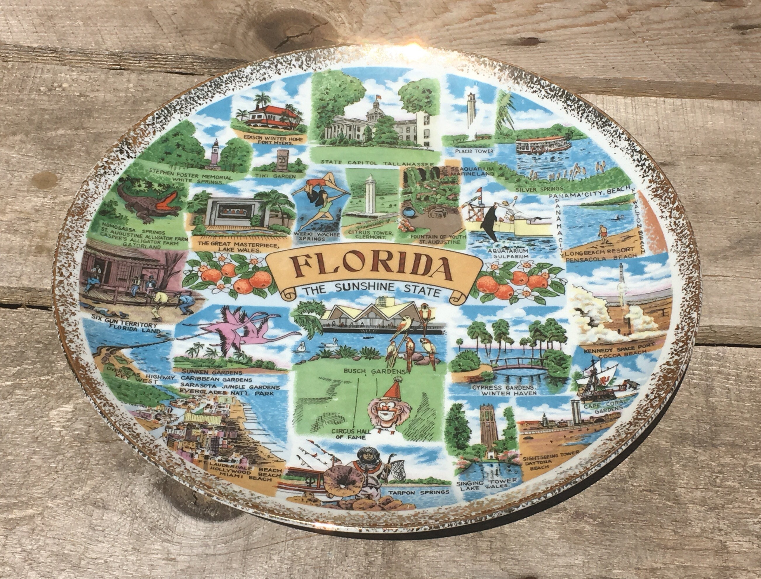 Vintage Florida Collectible, Sunshine State Souvenir Plate, Ceramic Arts Display Plate, Round