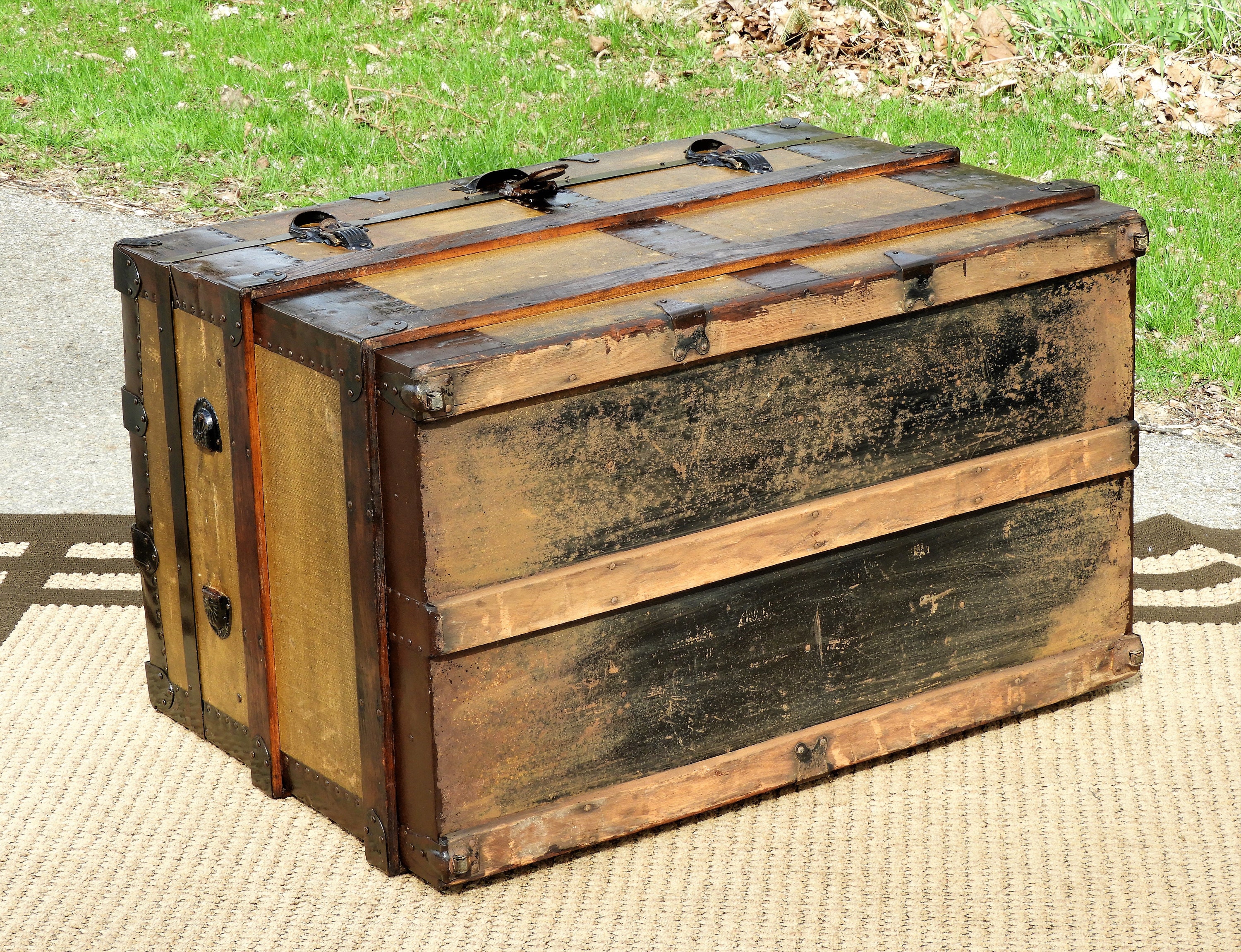 Antique Steamer Trunk, 1880s Canvas & Wood, Wooden Coffee Table