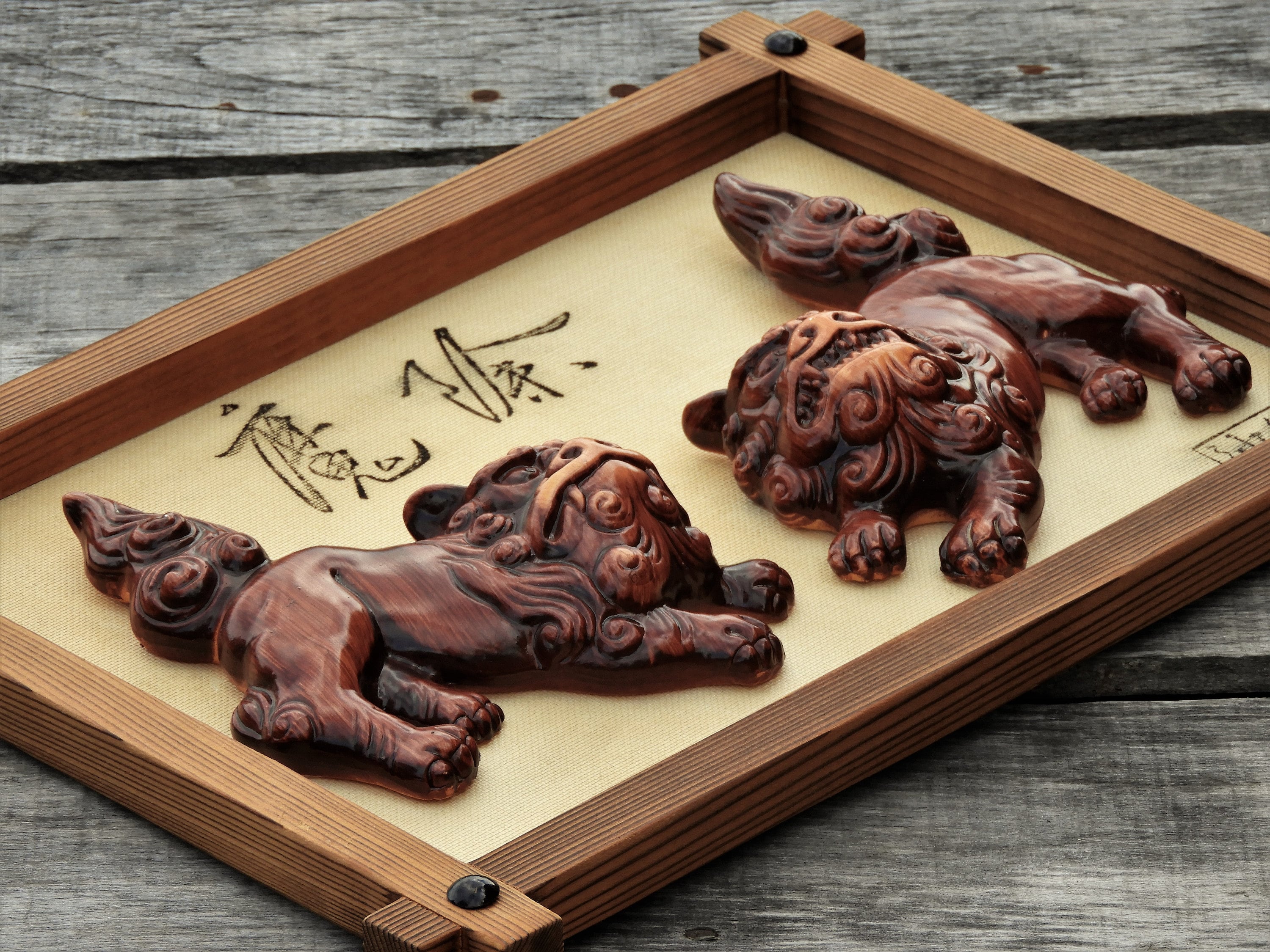 Vintage Foo Dog Decor, Wall Hanging, Chinese Dogs, Burgundy & Brown