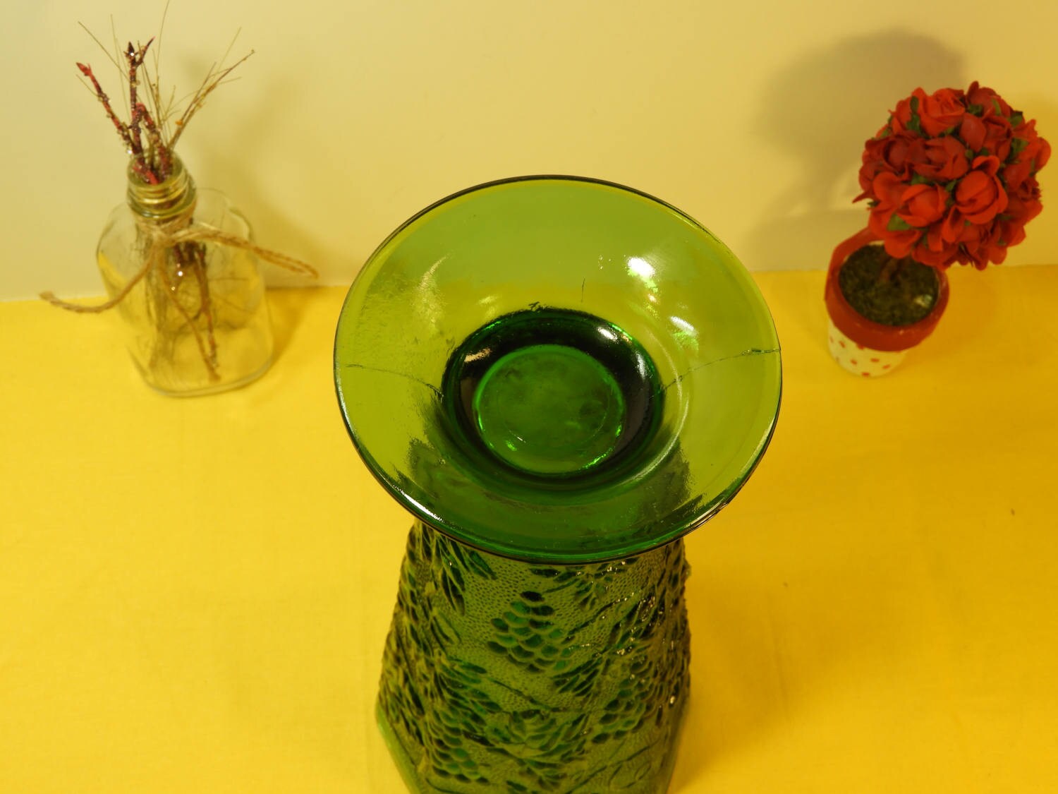 Vintage Green Glass Vase Planter, Grape Vine Vase, Green Floral