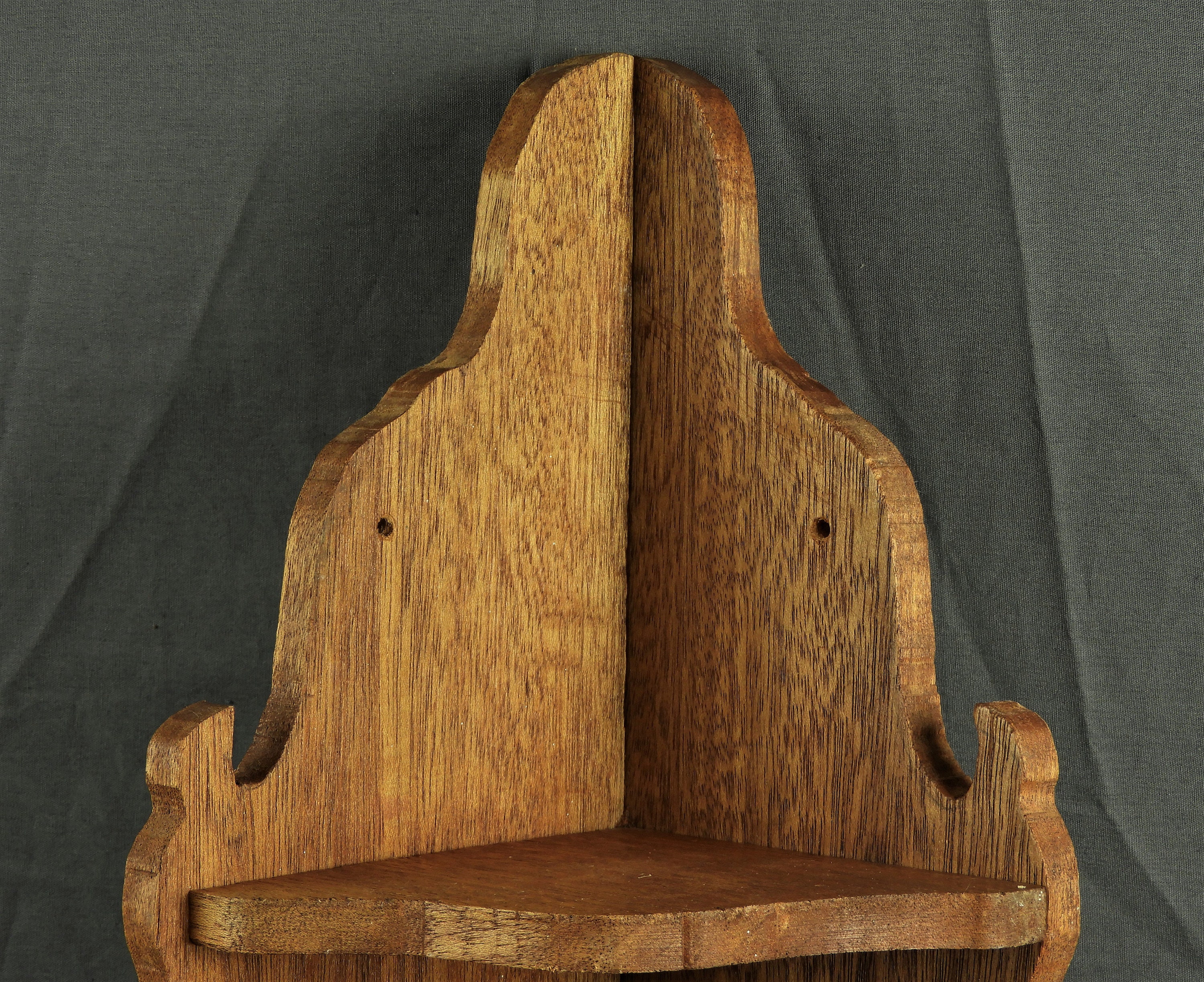 Vintage Corner Shelf, Wall Hanging, Solid Wood, Medium Brown, Carved