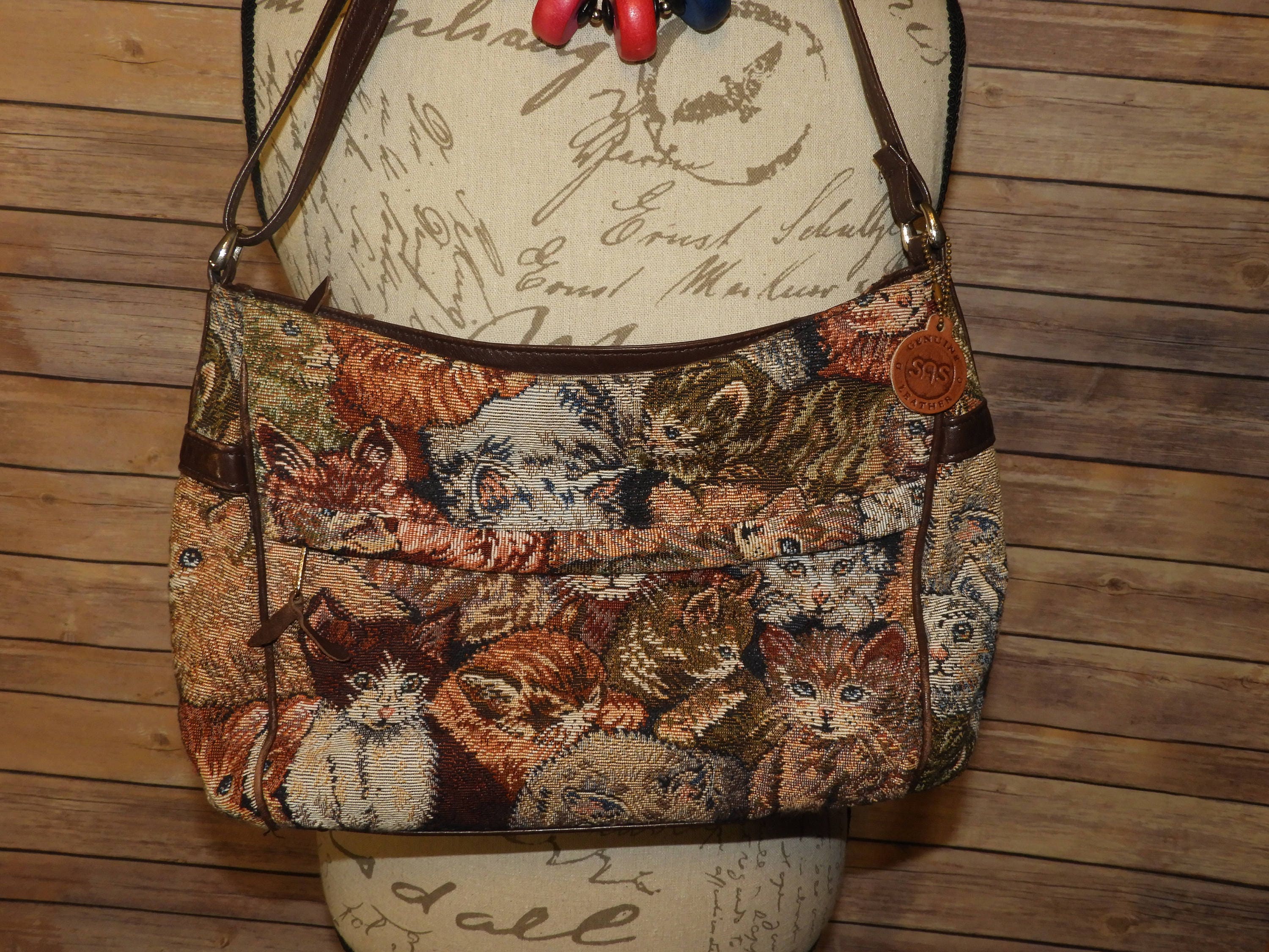 Vintage SAS Cat Theme Tapestry and Genuine Leather Shoulder Bag, Gray Beige Red SAS Feline ...