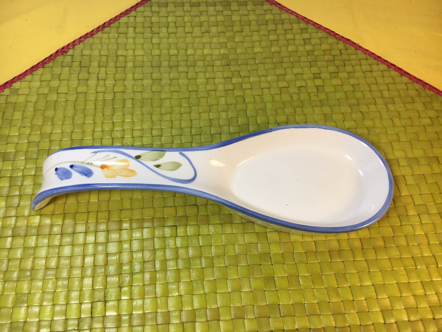 Vintage Ceramic Spoon Rest, White w/Blue Rim Spoon Rest, Floral Spoon