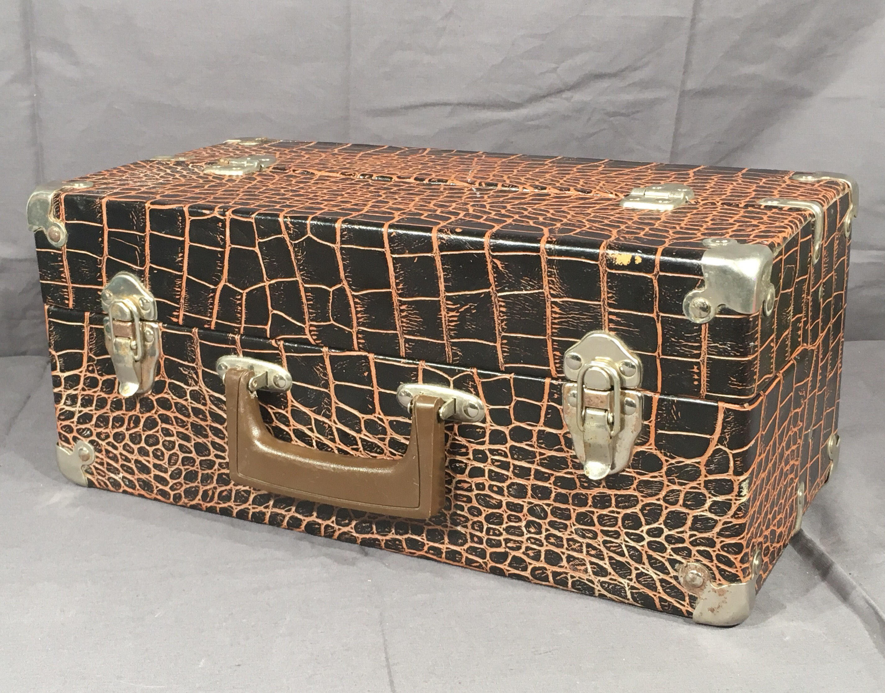 Vintage Salesmans Trunk, Decorative Brown Red Tackle Box, Faux Croc