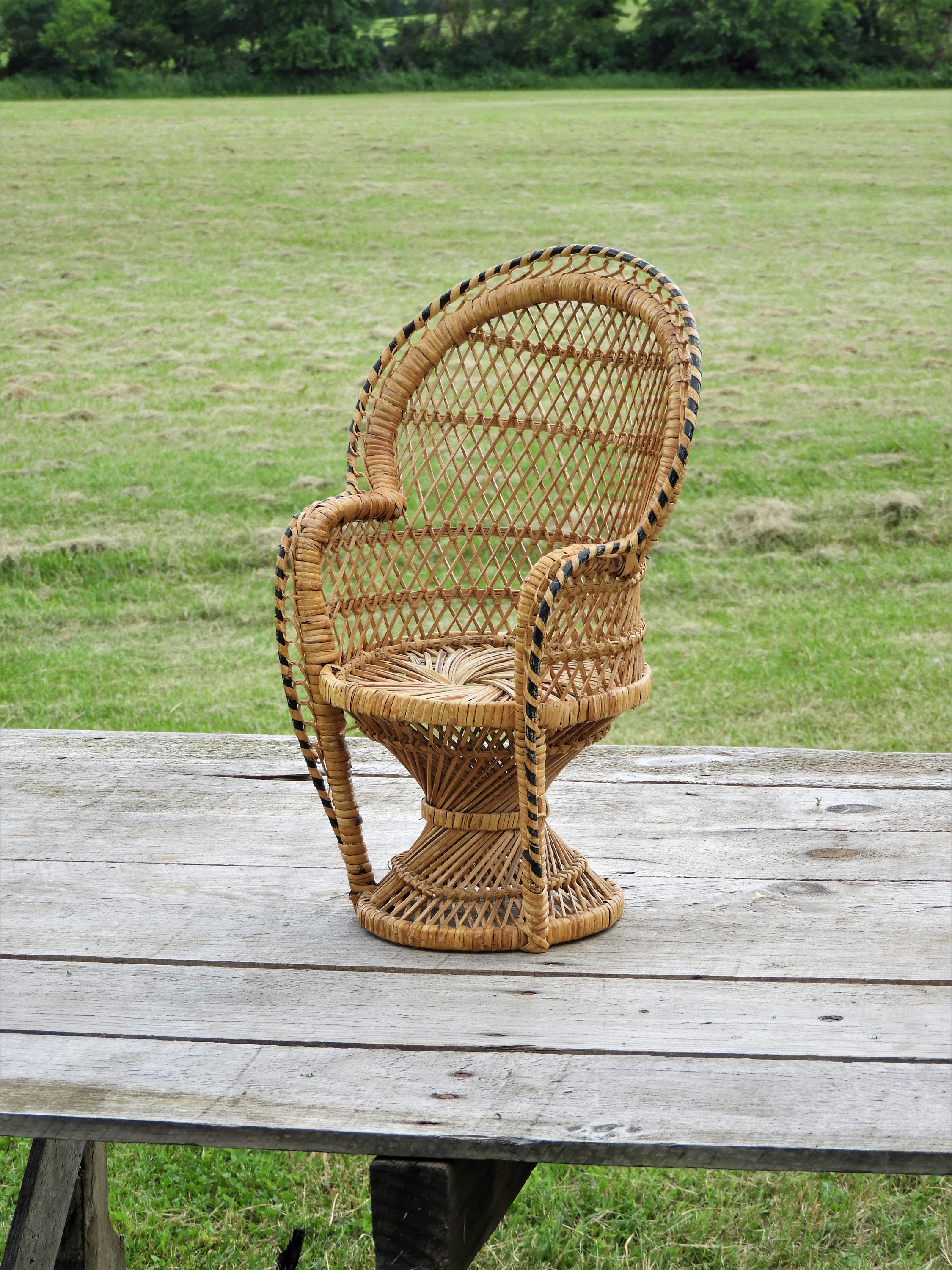 Vintage Rattan Doll Chair, 16 High Back Wood Seat, Decorative Woven Toy