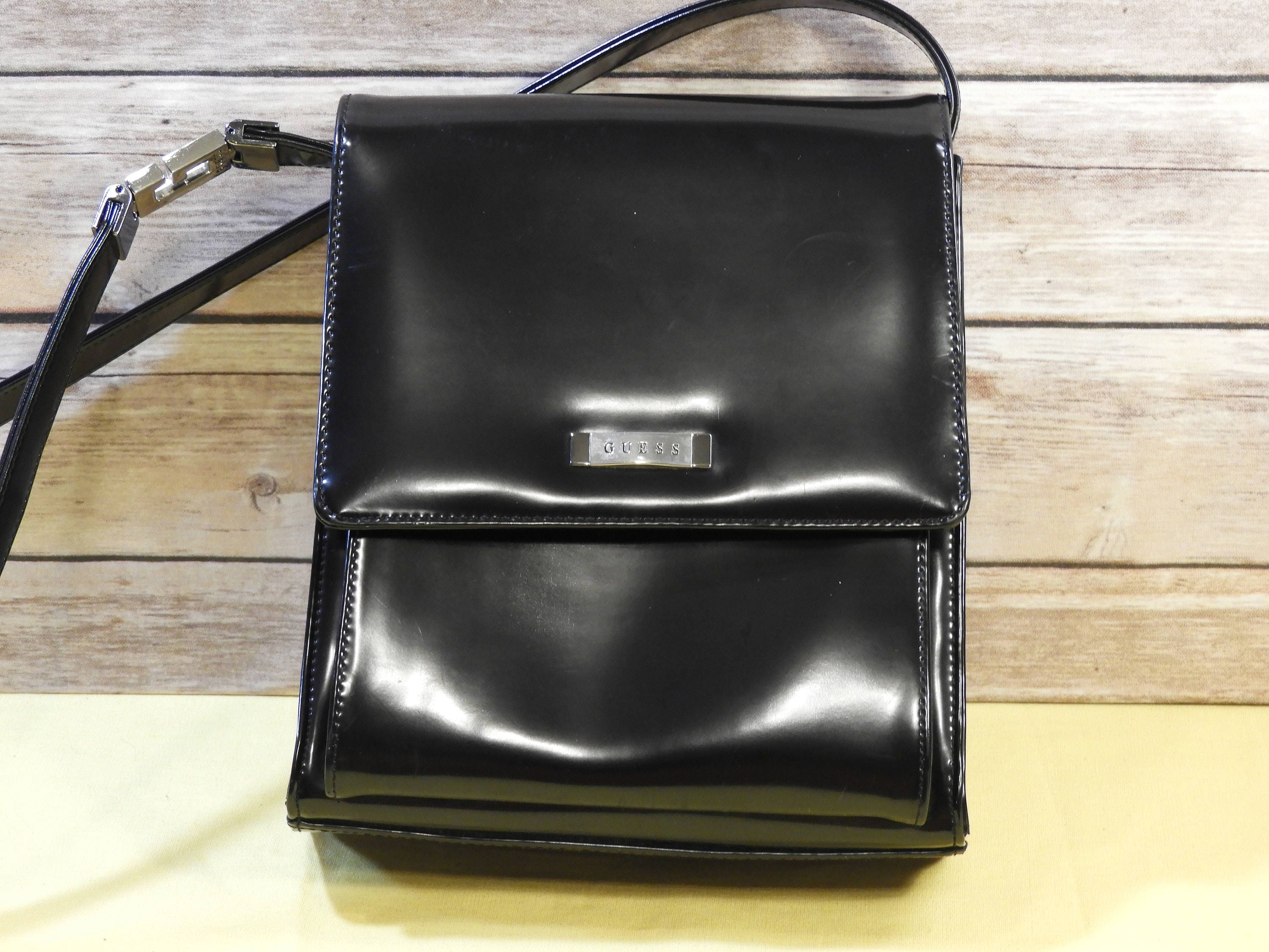 Vintage Guess Handbag, Black Faux Leather Guess Purse, Guess Messenger