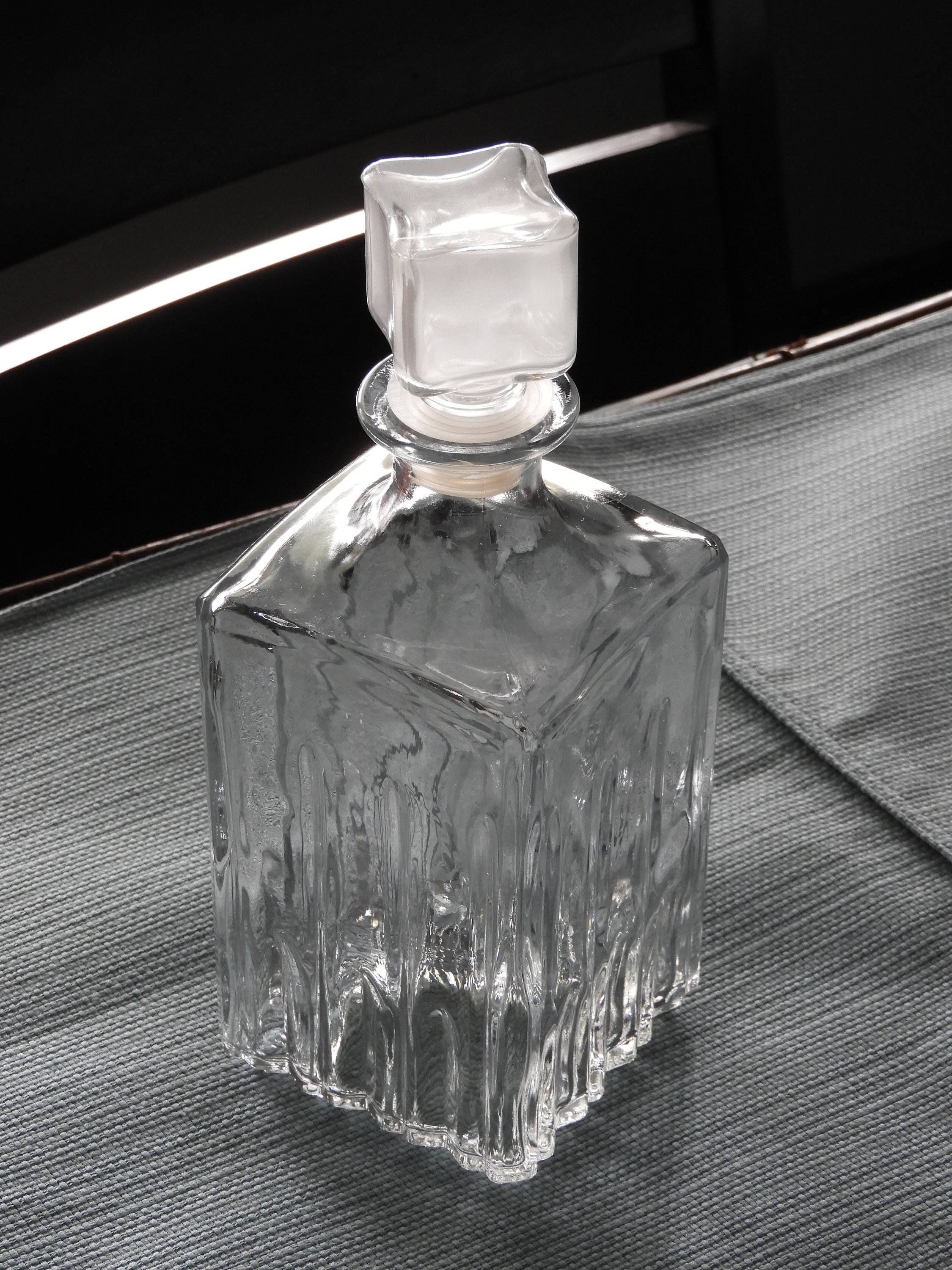 Vintage Square Italian Glass Decanter Bottle, Clear Ribbed Jar, Wine