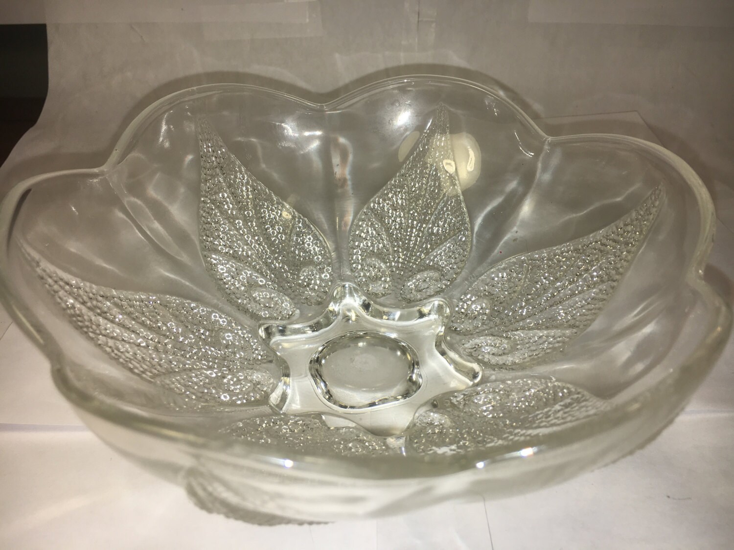 Vintage Glass Bowl, Floral Leaf, Dot Relief, Scalloped Dish