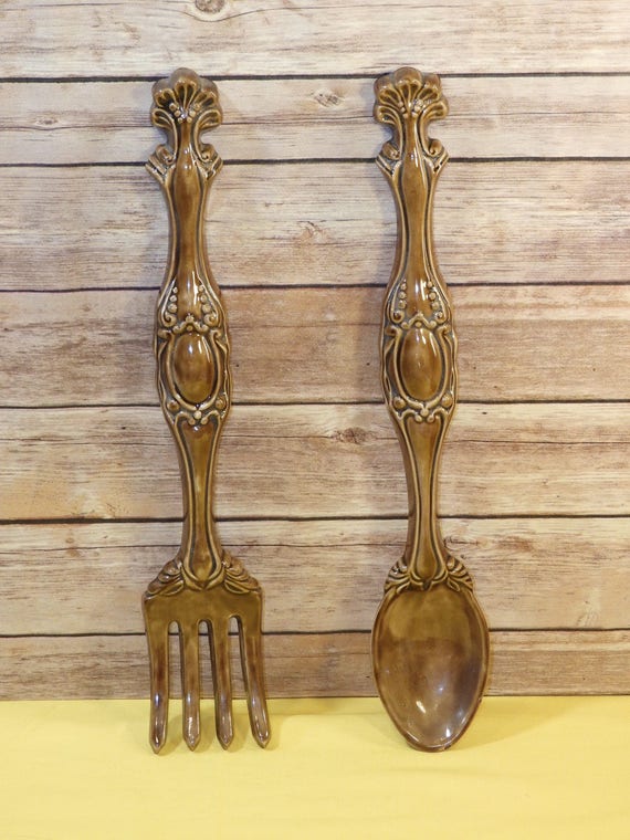 Vintage 1983 Ceramic Fork Spoon Decor Brown Wall Hanging Image 0