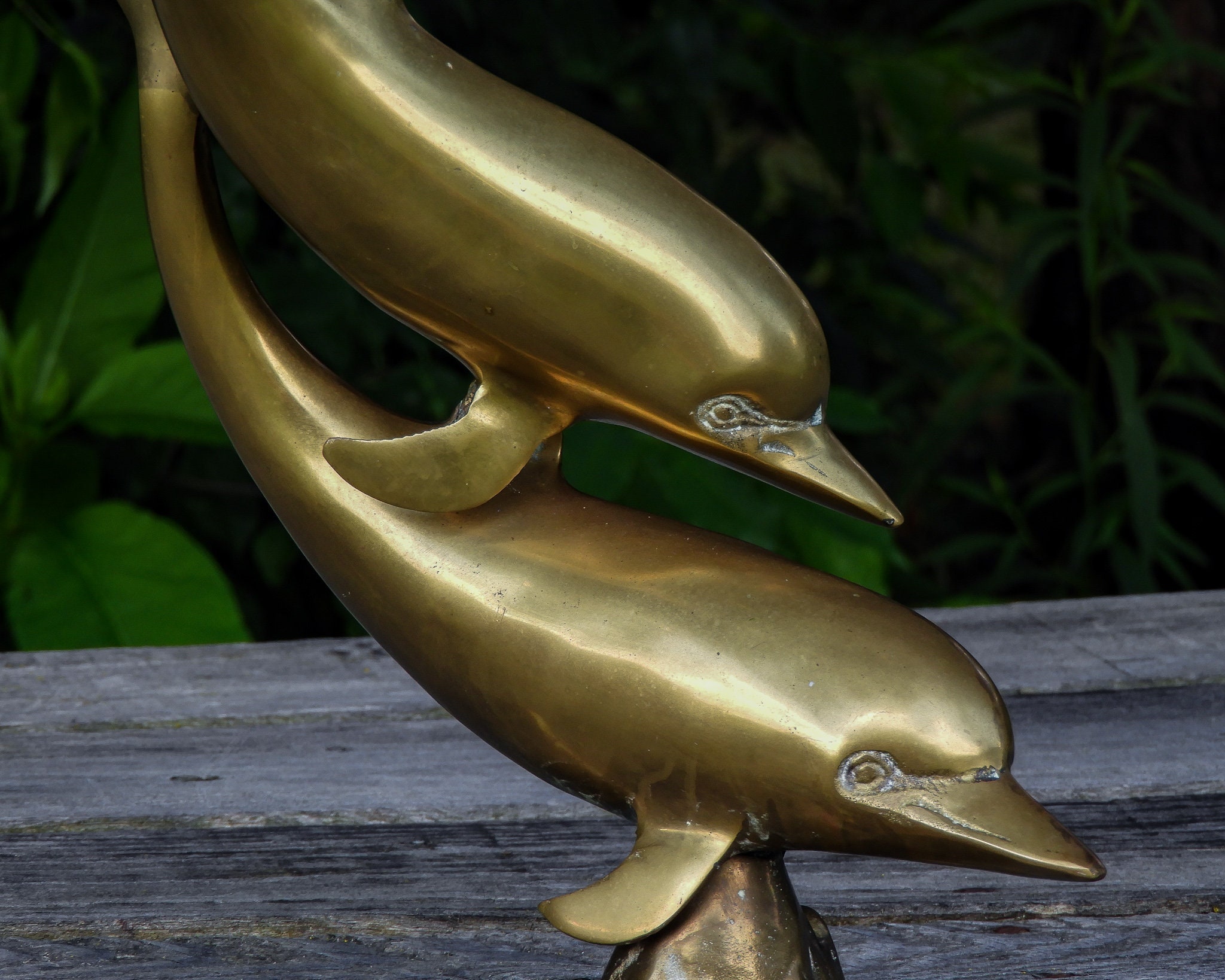 Vintage Dolphin Statue, Nautical Art, Dolphins Swimming, Gold Color