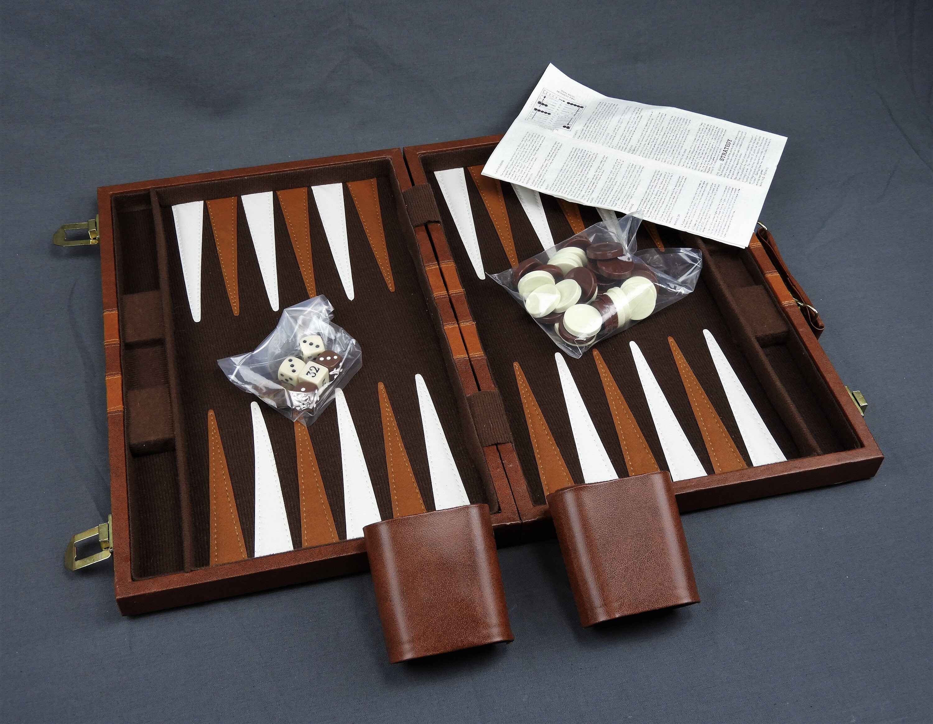 Vintage Backgammon Set, Unopened Pieces, Brown Faux Leather, Travel