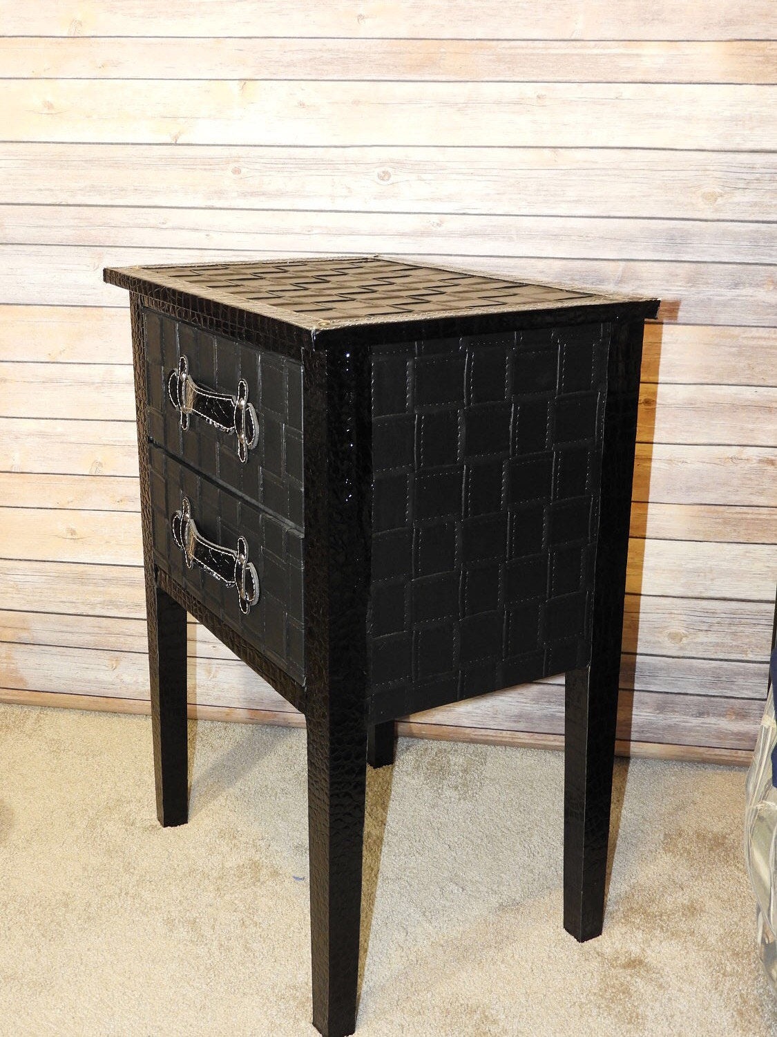 Vintage Black Leather Accent Table, Faux Patent Black Foyer Display Table, Black Night Stand End
