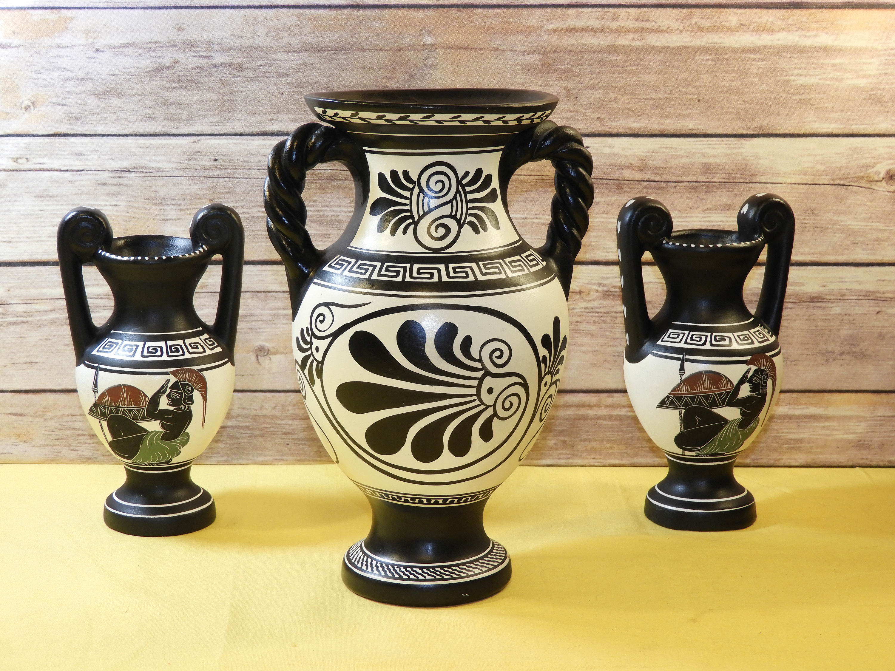 Vintage Greek Geometric Amphora Vase Urn Set (3 pcs), Black Attic Pottery, White Decorative