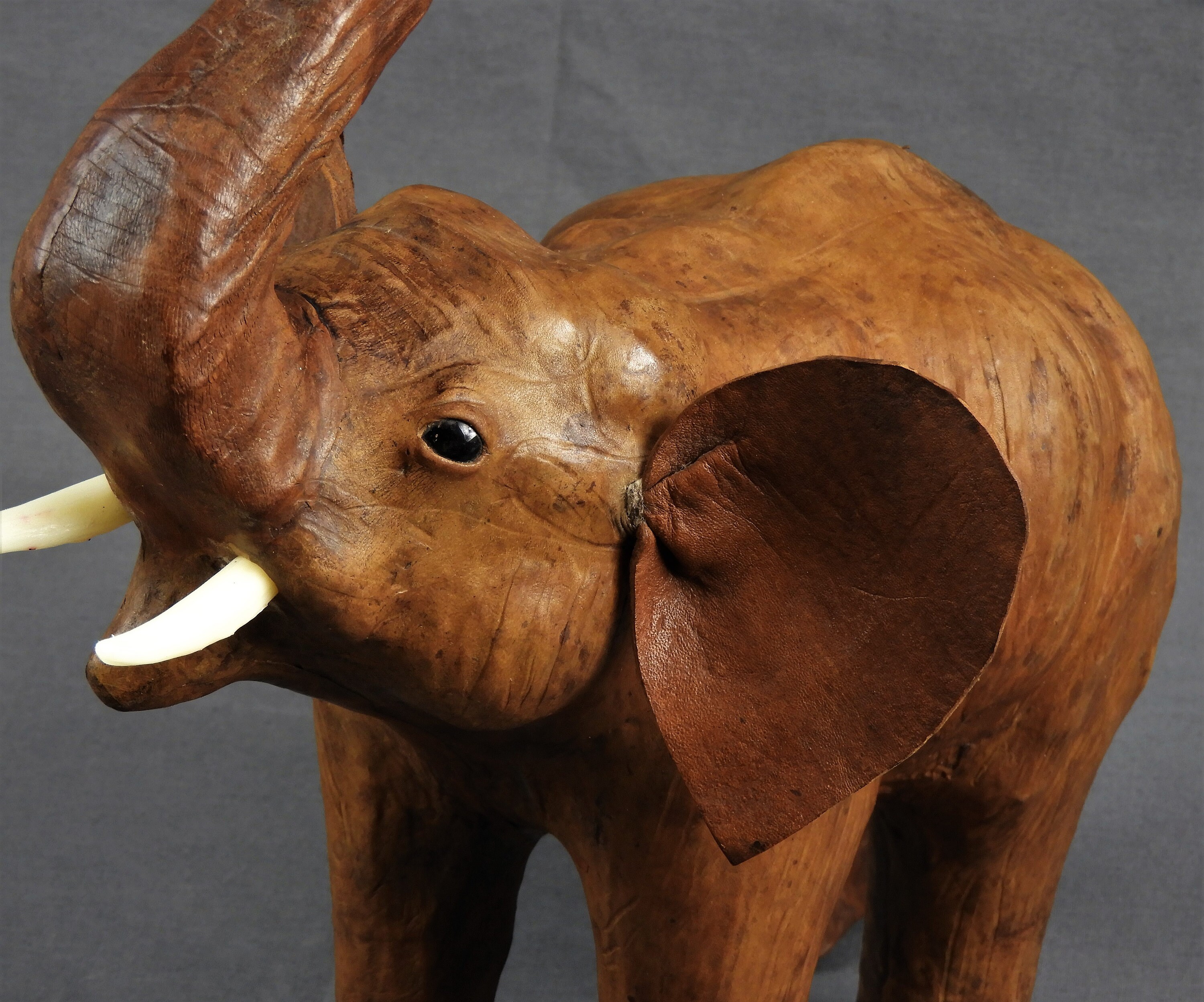 Vintage Leather Elephant, Brown Statue, Glass Eyes, African Wildlife