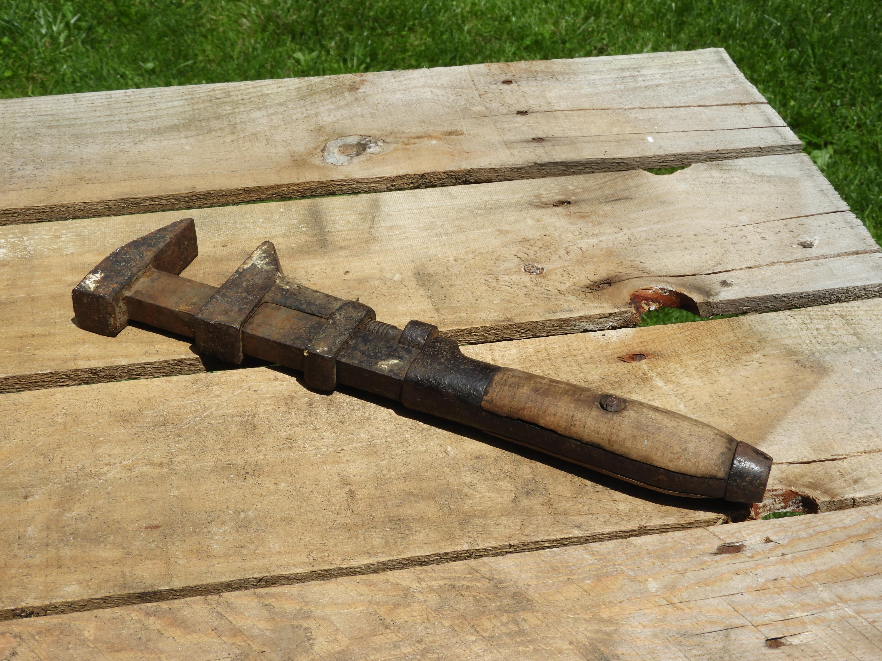 Antique Pipe Wrench, Decorative Wood Handle Monkey Wrench, Rare